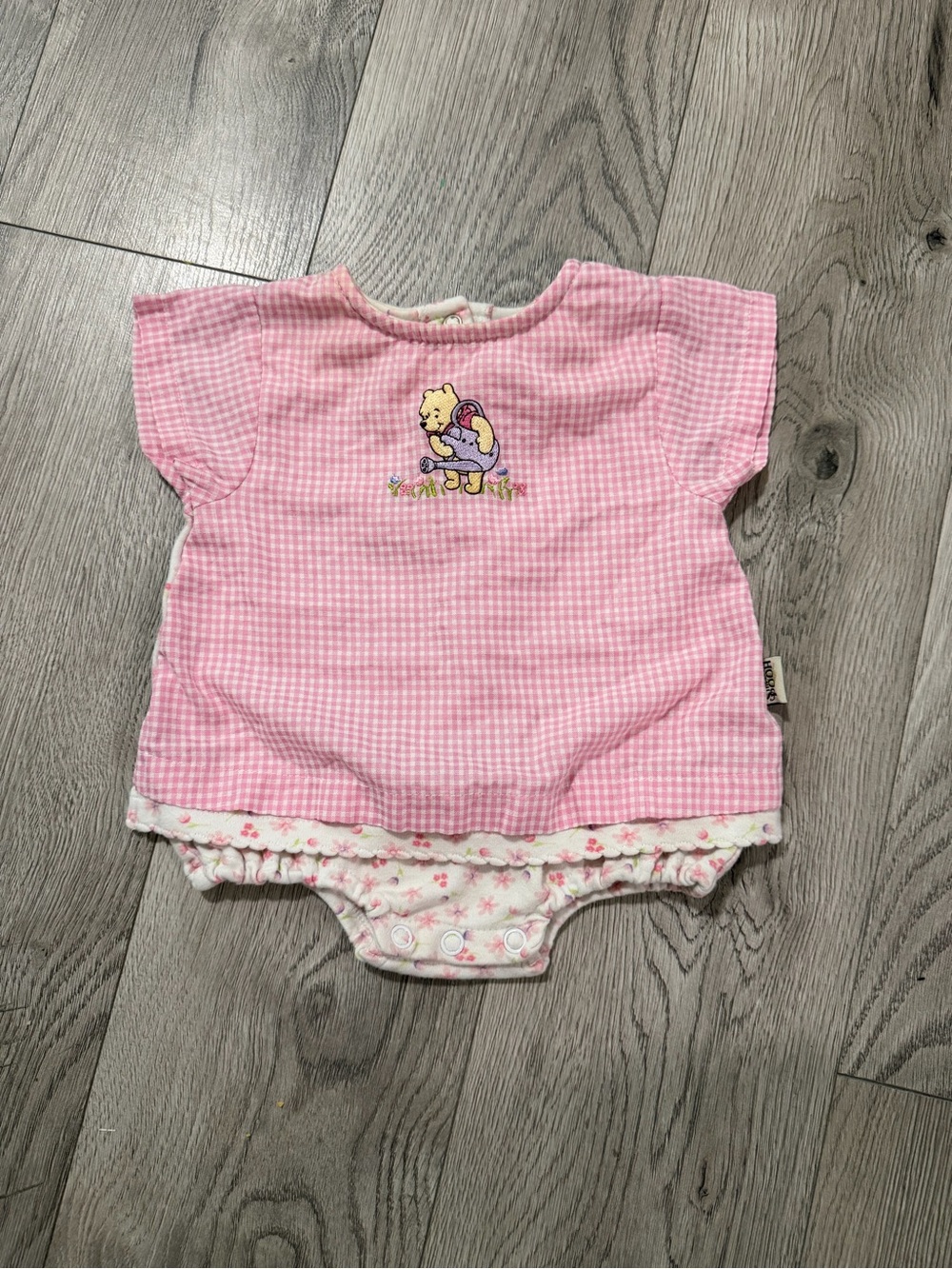Vintage Pink Gingham Baby Romper with Winnie the Pooh Embroidery